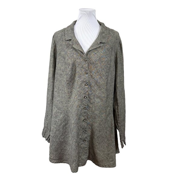 FLAX Linen Duster Button Up Jacket Medium Lagenlook Gray Boho Modest Layered - Picture 2 of 7
